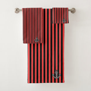 Nautical Red Black Stripe Anchor  Bath Towel Set