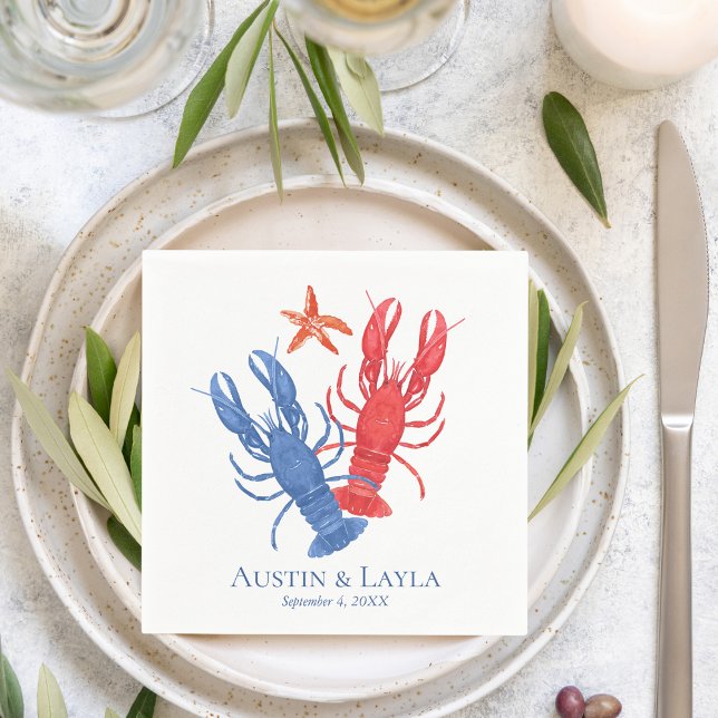 Nautical Red Blue Lobster Personalized Napkins (Creator Uploaded)