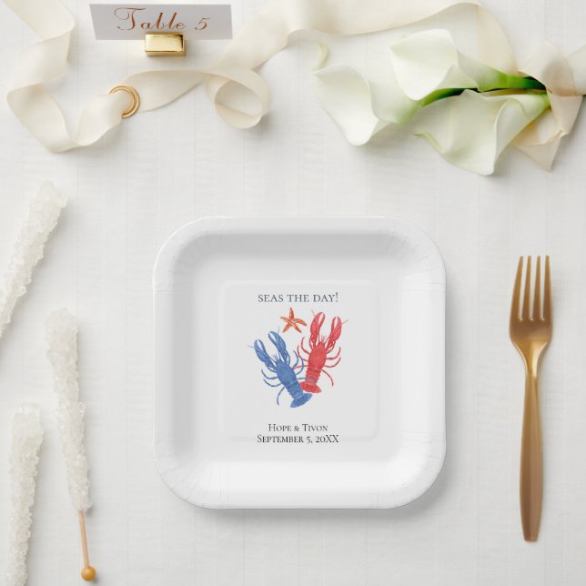 Nautical Red Blue Lobster, Seas the Day Paper Plates (Wedding)