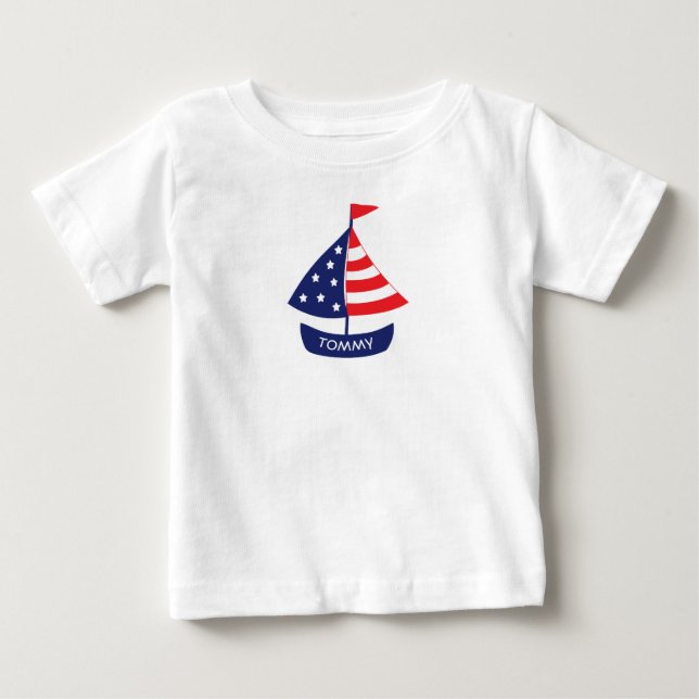 Nautical Red Blue Sailboat Personalized Name Baby T-Shirt (Front)