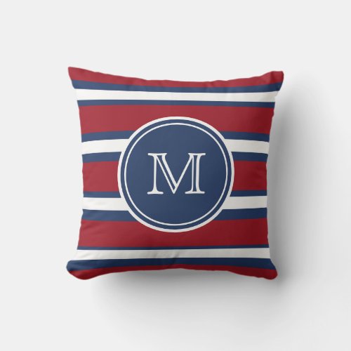 Nautical Red Blue Stripe Monogram Throw Pillow
