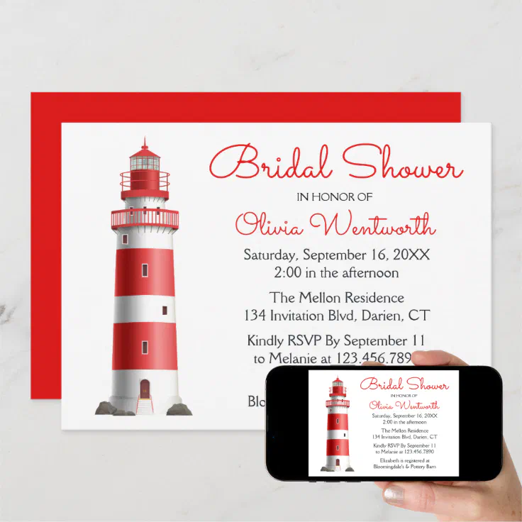 Nautical Red Bridal Shower Lighthouse Beach Summer Invitation Zazzle