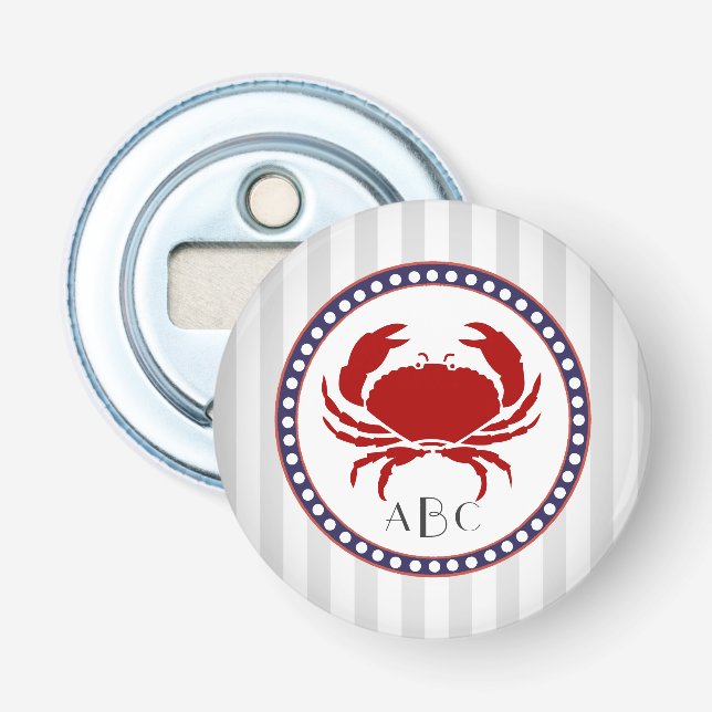 Nautical red crab and grey stripes monogram bottle opener (Front)