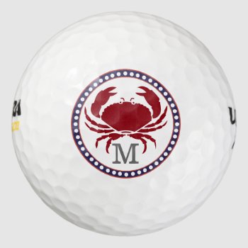 Nautical Red Crab And Grey Stripes Monogram Golf Balls by RoseRoom at Zazzle