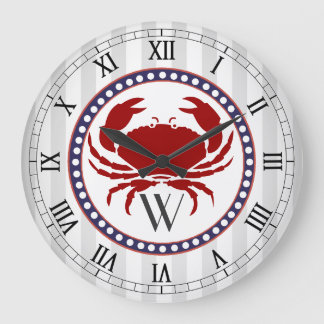 Nautical red crab and grey stripes monogram large clock