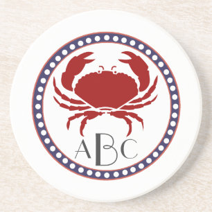 Nautical red crab and monogram sandstone coaster