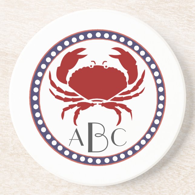 Nautical red crab and monogram sandstone coaster (Front)