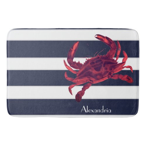 Nautical Red Crab Navy Blue White Stripes Bath Mat