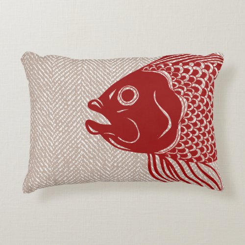 Nautical Red Fish Head  Taupe Herringbone Accent Pillow