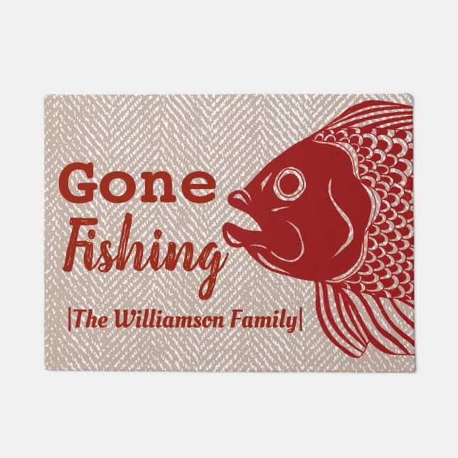 Nautical Red Fish & Taupe Herringbone Doormat (Front)