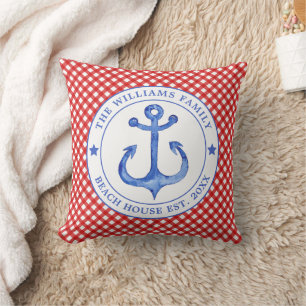 Nautical Red Gingham Pattern - Family Beach House Throw Pillow