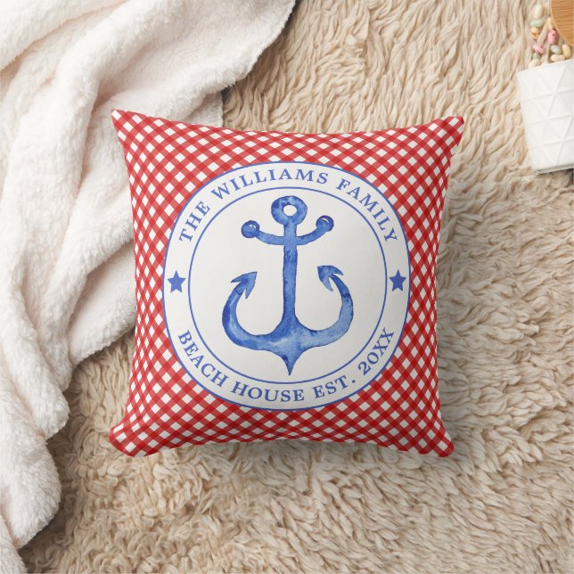 Nautical Red Gingham Pattern - Family Beach House Throw Pillow (Blanket)