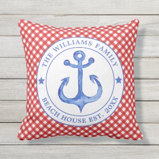 Nautical Red Gingham Pattern - Family Beach House Throw Pillow