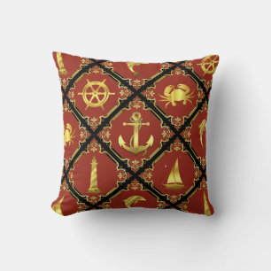 Nautical red/gold/dolphin/sailboat/anchor/crab throw pillow