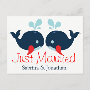 Nautical Red Just Married Wedding Navy Blue Whales Announcement Postcard