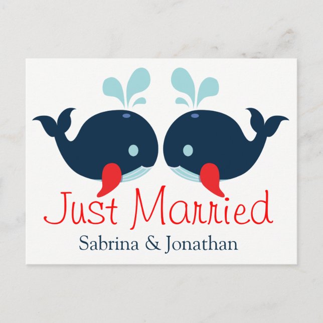 Nautical Red Just Married Wedding Navy Blue Whales Announcement Postcard (Front)