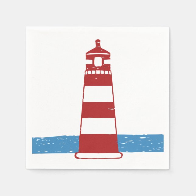 Nautical Red Lighthouse Blue Ocean Wedding / Party Paper Napkins (Front)