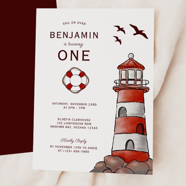 Nautical Red Lighthouse Costal 1st Birthday Invitation (Creator Uploaded)
