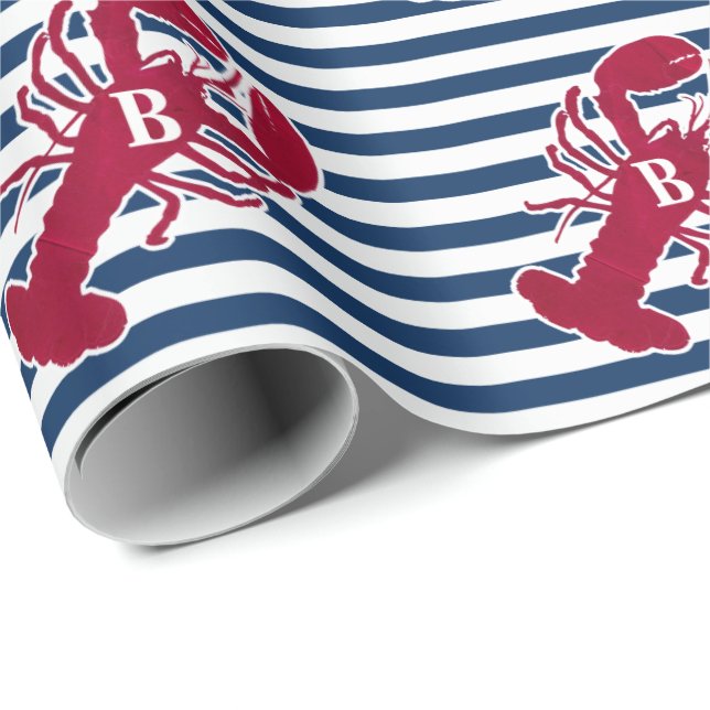 Nautical Red Lobster | Blue and White Stripe | B Wrapping Paper (Roll Corner)