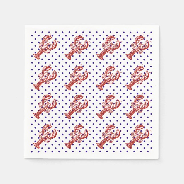 Nautical Red Lobster & Blue Dots Paper Napkins (Front)