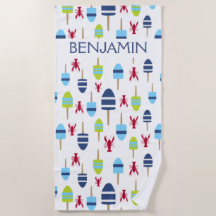 Nautical Red Lobster Buoy Beach House Personalized Beach Towel