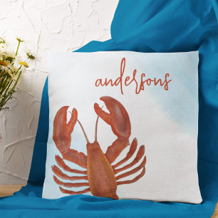 Nautical Red Lobster Custom Family Name Throw Pillow