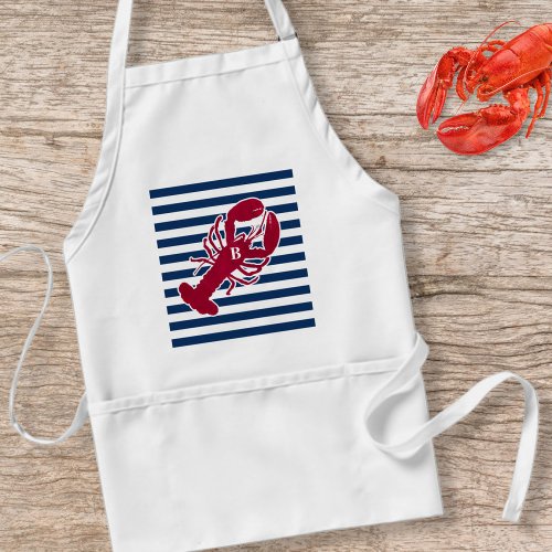 Nautical Red Lobster Monogram Blue White Stripe Adult Apron