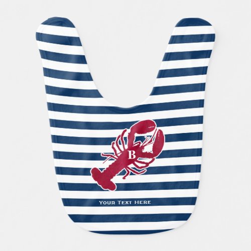 Nautical Red Lobster Monogram Blue White Stripe Baby Bib