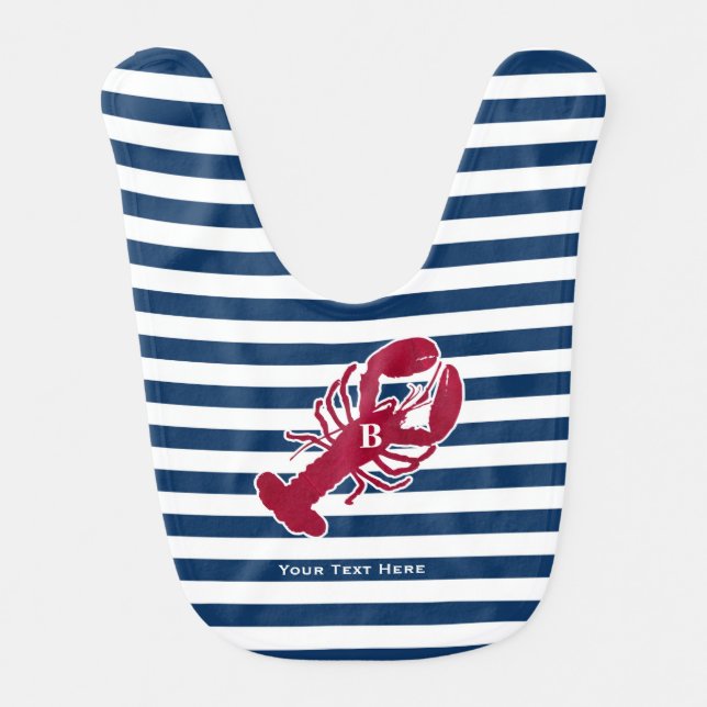 Nautical Red Lobster Monogram Blue White Stripe Baby Bib (Front)