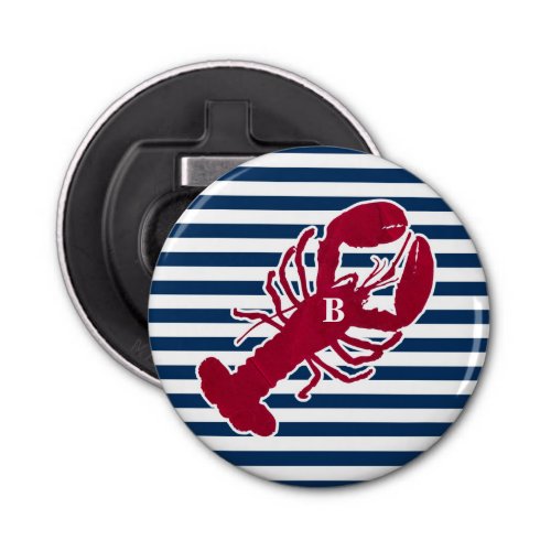 Nautical Red Lobster Monogram Blue White Stripe Bottle Opener