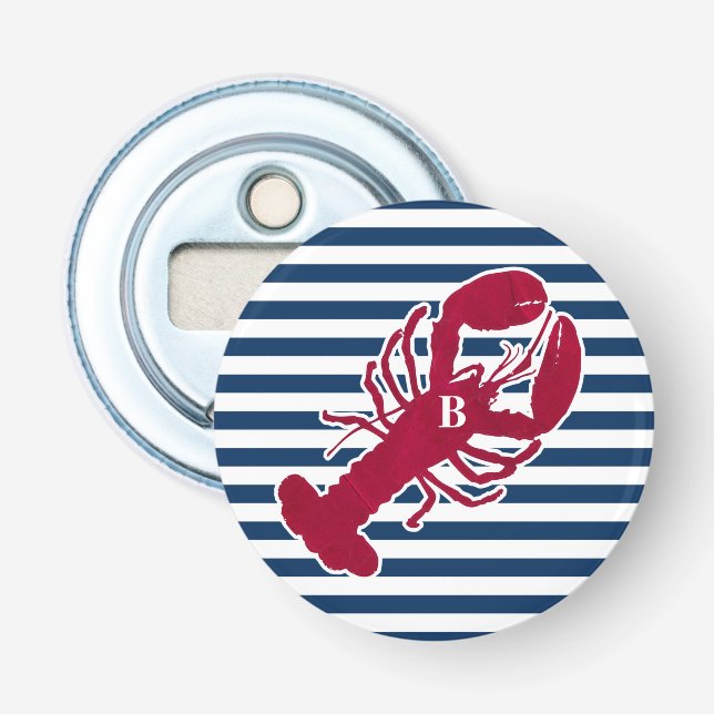 Nautical Red Lobster Monogram Blue White Stripe Bottle Opener (Front)