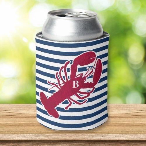 Nautical Red Lobster Monogram Blue White Stripe Can Cooler