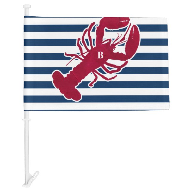 Nautical Red Lobster Monogram Blue White Stripe Car Flag (Front)