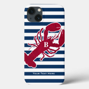 Nautical Red Lobster Monogram Blue White Stripe iPhone 13 Case