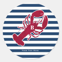 Nautical Red Lobster Monogram Blue White Stripe Classic Round Sticker