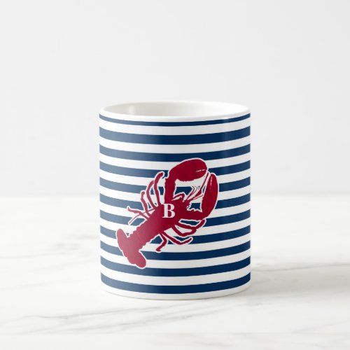 Nautical Red Lobster Monogram Blue White Stripe Coffee Mug