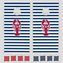 Nautical Red Lobster Monogram Blue White Stripe Cornhole Set