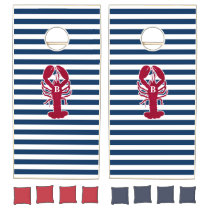 Nautical Red Lobster Monogram Blue White Stripe Cornhole Set