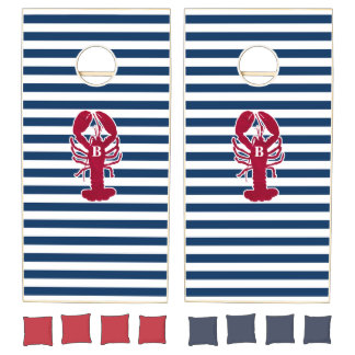Nautical Red Lobster Monogram Blue White Stripe Cornhole Set