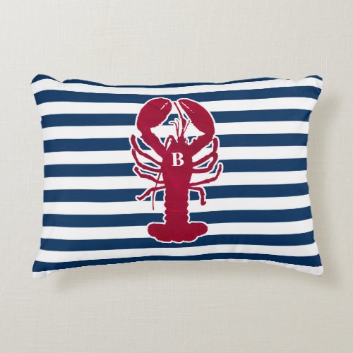 Nautical Red Lobster Monogram Blue White Stripe Decorative Pillow