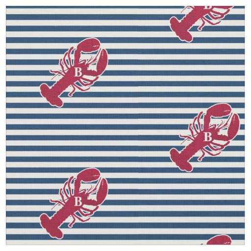 Nautical Red Lobster Monogram Blue White Stripe Fabric