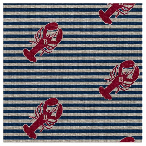 Nautical Red Lobster Monogram Blue White Stripe Fabric