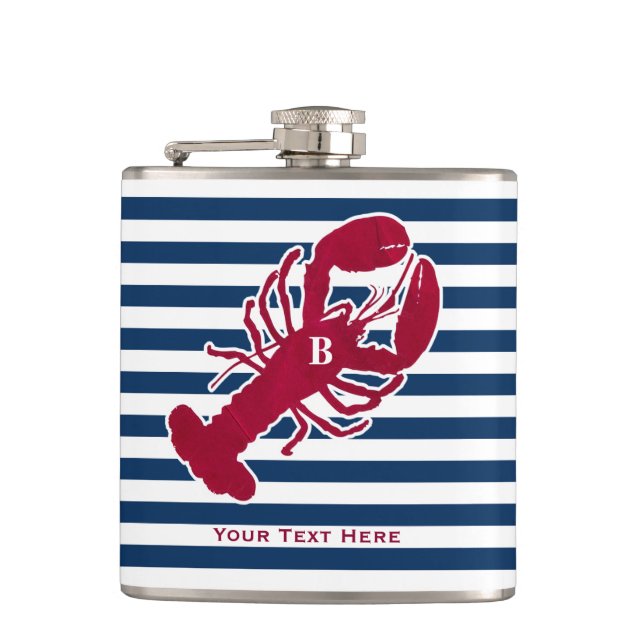 Nautical Red Lobster Monogram Blue White Stripe Flask (Front)