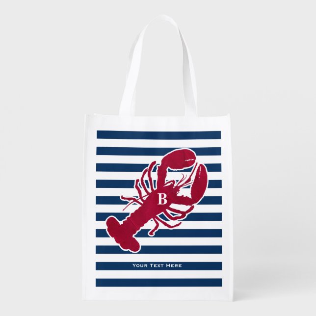 Nautical Red Lobster Monogram Blue White Stripe Grocery Bag (Back)