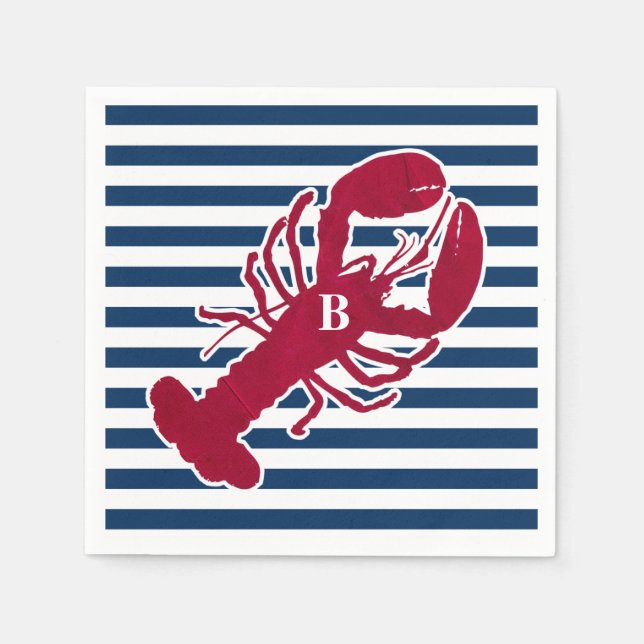Nautical Red Lobster Monogram Blue White Stripe Napkins (Front)