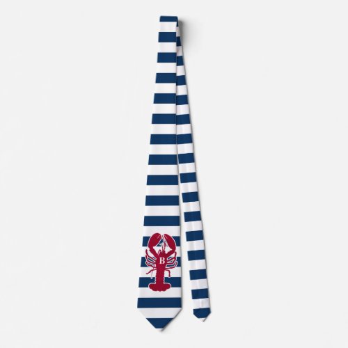 Nautical Red Lobster Monogram Blue White Stripe Neck Tie
