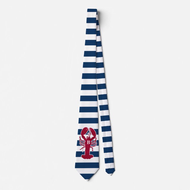 Nautical Red Lobster Monogram Blue White Stripe Neck Tie (Front)