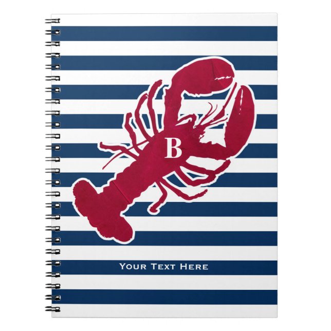 Nautical Red Lobster Monogram Blue White Stripe Notebook (Front)