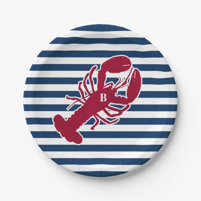 Nautical Red Lobster Monogram Blue White Stripe Paper Plates (Front)