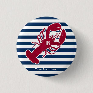 Nautical Red Lobster Monogram Blue White Stripe Pinback Button